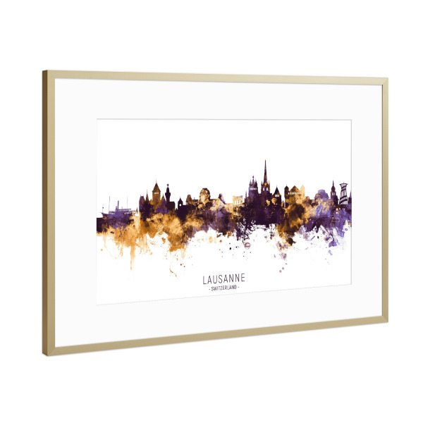 Poster mit Rahmen Gold "Lausanne Skyline PurpleGold" artboxONE - Städte - Lausanne,Switzerland,Skyline,Cityscape,Stadtbild,Watercolor,City
