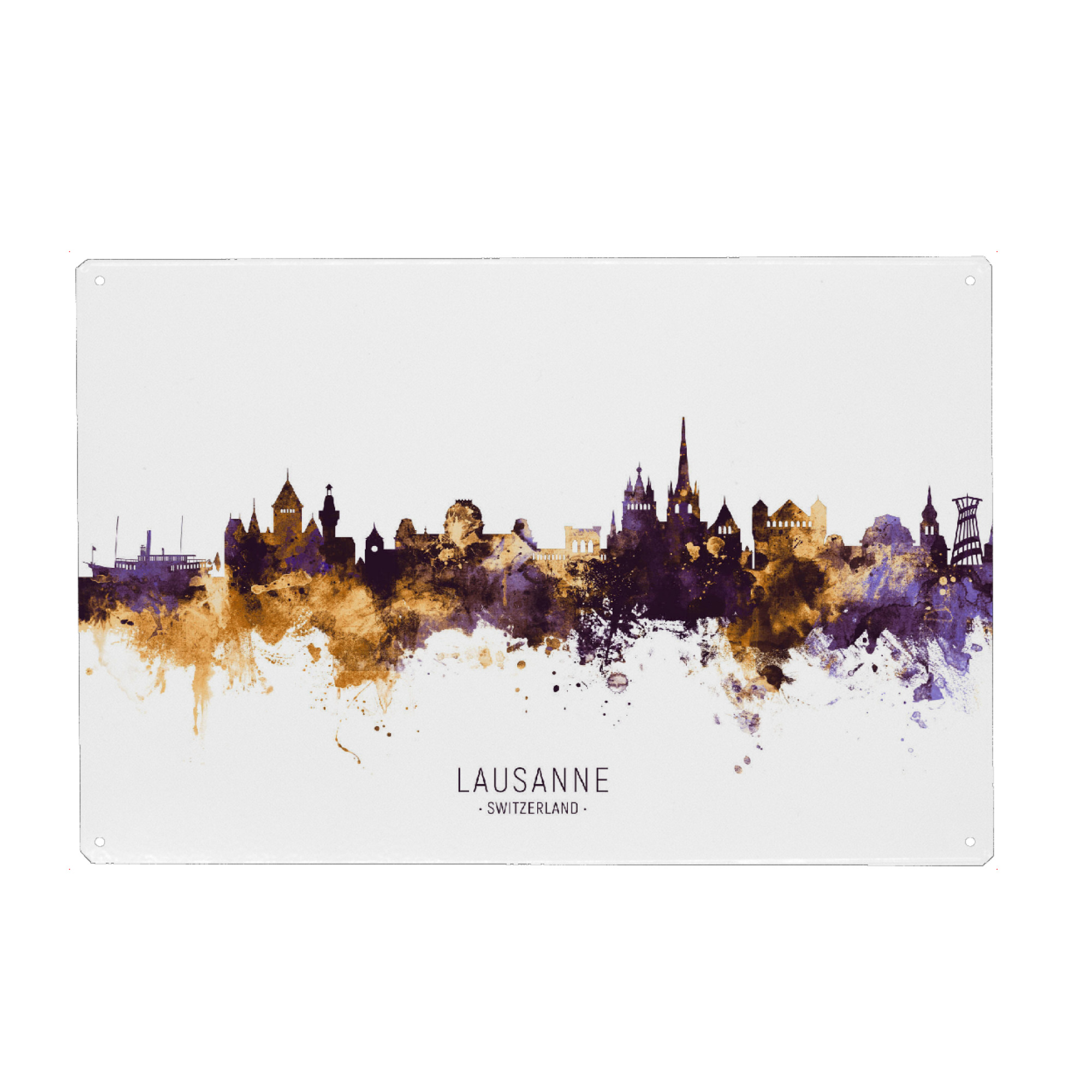 Metall Poster "Lausanne Skyline PurpleGold" artboxONE - Städte - Lausanne,Switzerland,Skyline,Cityscape,Stadtbild,Watercolor,City - Blechschild