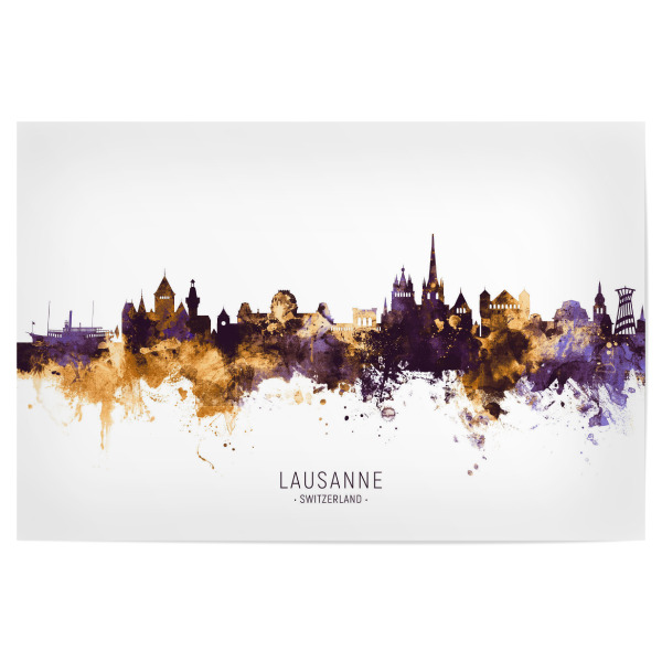 Poster "Lausanne Skyline PurpleGold" artboxONE - Städte - Lausanne,Switzerland,Skyline,Cityscape,Stadtbild,Watercolor,City