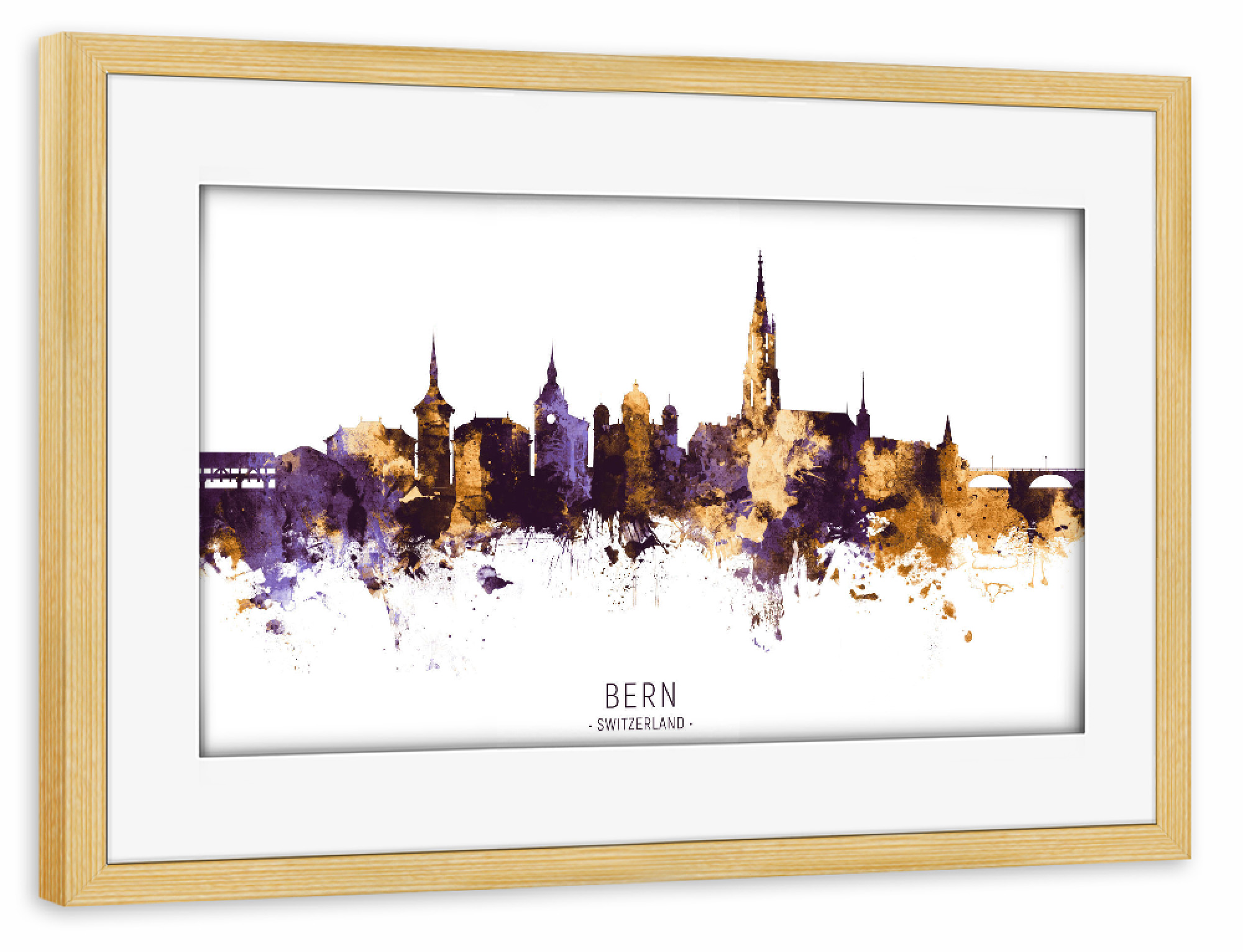 Poster mit Rahmen kiefer "Bern Skyline PurpleGold" artboxONE - Städte - Bern,Switzerland,Skyline,Cityscape,Stadtbild,Watercolor,City