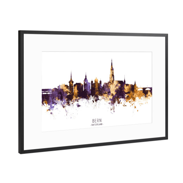 Poster mit Rahmen Schwarz (Metallic) "Bern Skyline PurpleGold" artboxONE - Städte - Bern,Switzerland,Skyline,Cityscape,Stadtbild,Watercolor,City