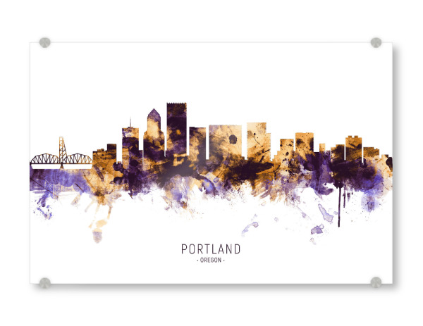 Acrylglasbild "Portland Oregon Skyline PurpleGold" artboxONE - Städte - Portland,Oregon,Skyline,Cityscape,Stadtbild,Watercolor,Usa,City