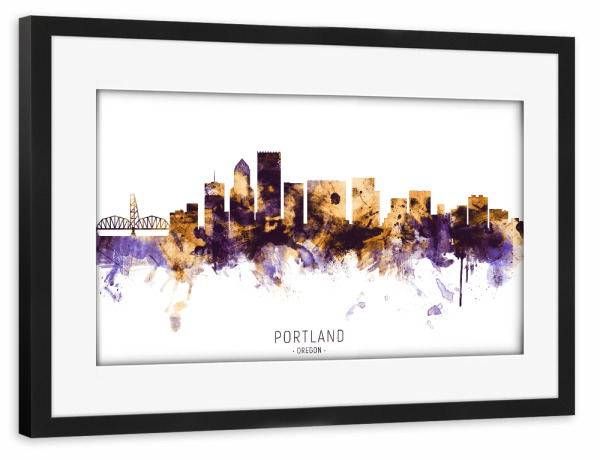 Poster mit Rahmen schwarz "Portland Oregon Skyline PurpleGold" artboxONE - Städte - Portland,Oregon,Skyline,Cityscape,Stadtbild,Watercolor,Usa,City