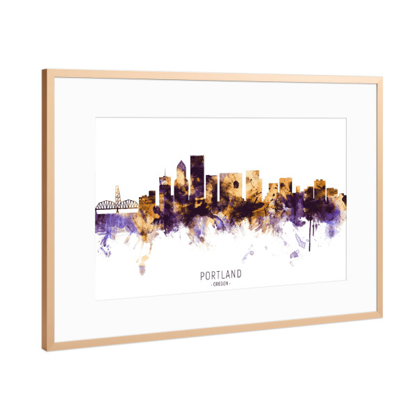 Poster mit Rahmen Kupfer "Portland Oregon Skyline PurpleGold" artboxONE - Städte - Portland,Oregon,Skyline,Cityscape,Stadtbild,Watercolor,Usa,City