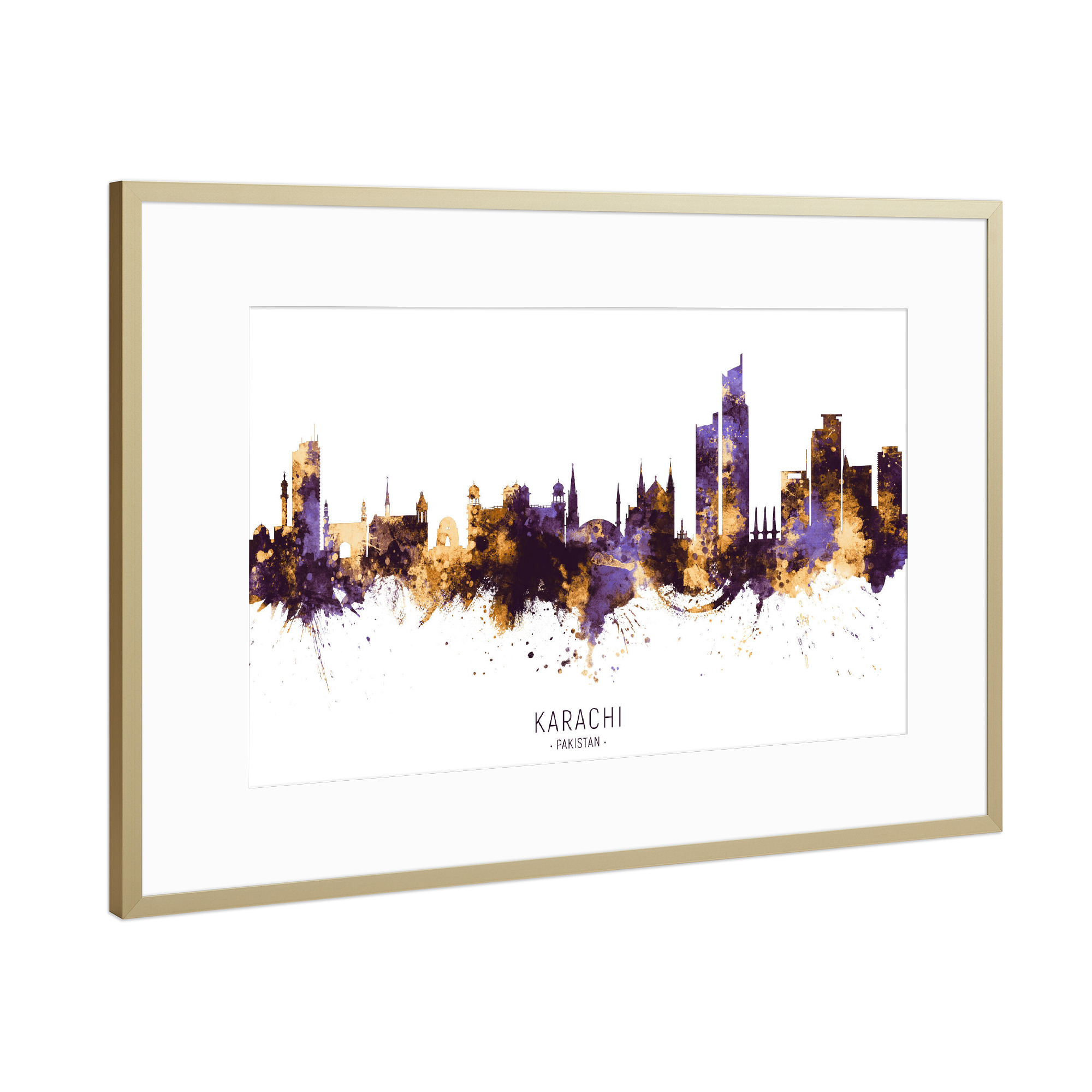 Poster mit Rahmen Gold "Karachi Skyline PurpleGold" artboxONE - Städte - Karachi,Pakistan,Skyline,Cityscape,Stadtbild,Watercolor,City