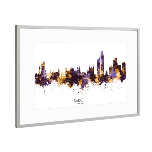 Poster mit Rahmen Silber "Karachi Skyline PurpleGold" artboxONE - Städte - Karachi,Pakistan,Skyline,Cityscape,Stadtbild,Watercolor,City