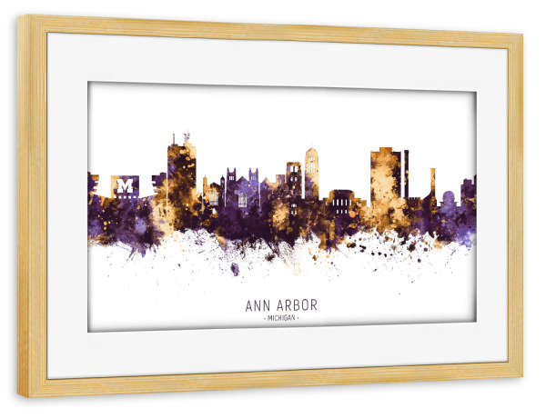 Poster mit Rahmen kiefer "Ann Arbor Skyline PurpleGold" artboxONE - Städte - Ann arbor,Michigan,Skyline,Cityscape,Stadtbild,Watercolor,Usa,City