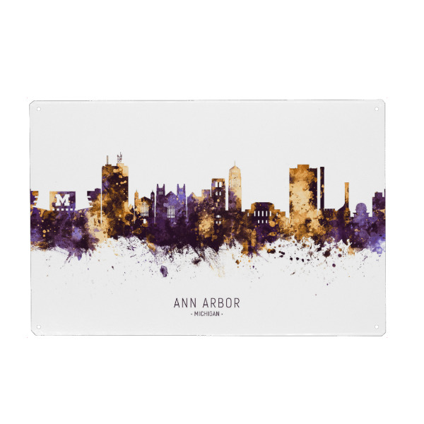 Metall Poster "Ann Arbor Skyline PurpleGold" artboxONE - Städte - Ann arbor,Michigan,Skyline,Cityscape,Stadtbild,Watercolor,Usa,City - Blechschild