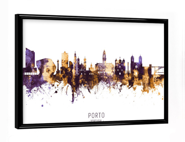 Poster mit schwarzem Rahmen "Porto Portugal Skyline PurpleGold" artboxONE - Städte