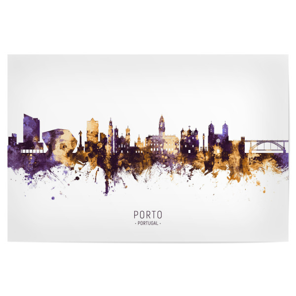 Poster 30x20 cm "Porto Portugal Skyline PurpleGold" artboxONE - Städte - Porto,Portugal,Skyline,Cityscape,Stadtbild,Watercolor,Europe,City