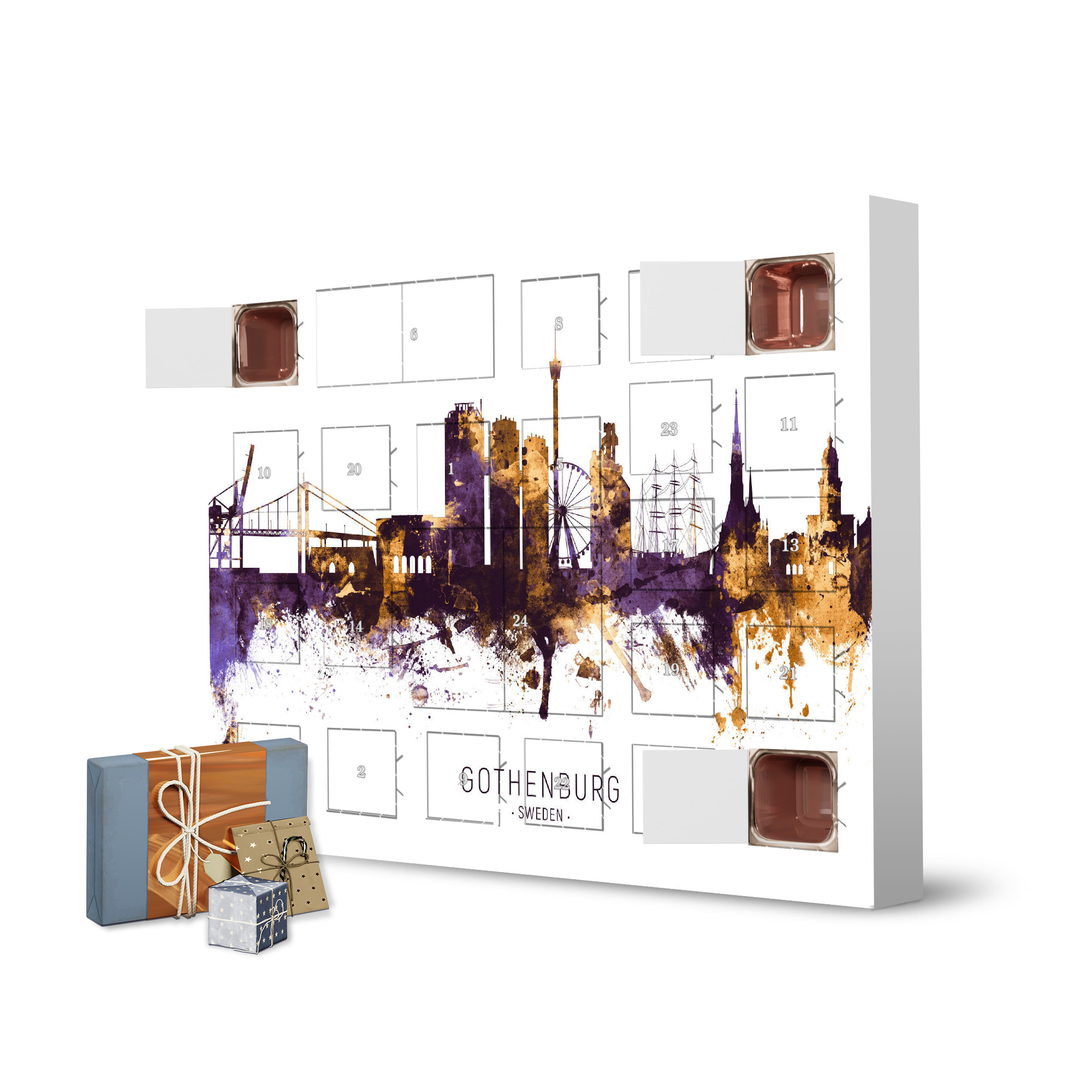 Adventskalender zum Selbstbefüllen Gothenburg Skyline PurpleGold artboxONE Adventskalender Städte