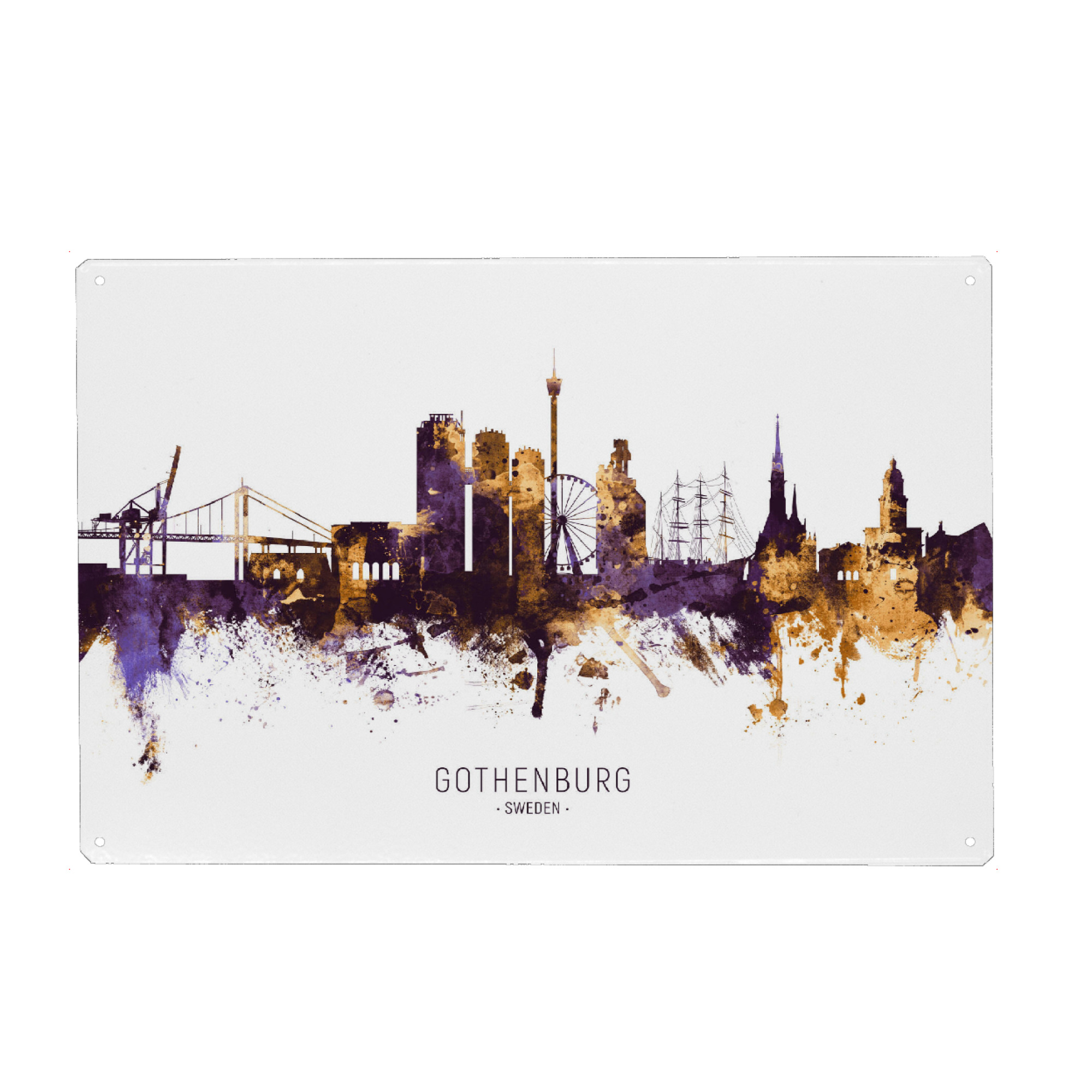 Holzbild "Gothenburg Skyline PurpleGold" artboxONE - Städte - Gothenburg,Sweden,Skyline,Cityscape,Stadtbild,Watercolor,City