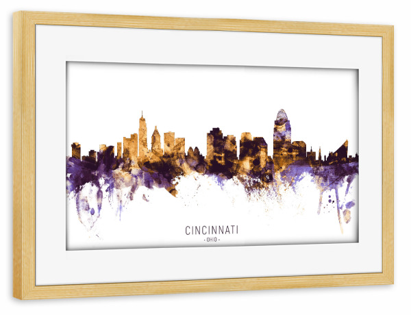 Poster mit Rahmen kiefer "Cincinnati Ohio Skyline PurpleGold" artboxONE - Städte - Cincinnati,Ohio,Skyline,Cityscape,Stadtbild,Watercolor,City,Usa