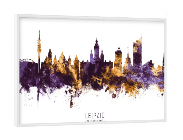 Poster mit weißem Rahmen "Leipzig Germany Skyline PurpleGold" artboxONE - Städte - Leipzig,Deutschland,Skyline,Cityscape,Stadtbild,Watercolor,City