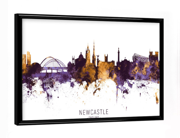 Poster mit schwarzem Rahmen "Newcastle Skyline PurpleGold" artboxONE - Städte - Newcastle,England,Skyline,Cityscape,Stadtbild,Watercolor,City,Europe
