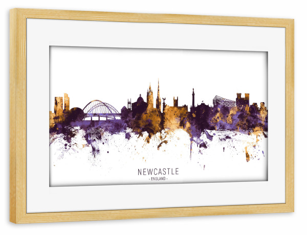 Poster mit Rahmen kiefer "Newcastle Skyline PurpleGold" artboxONE - Städte - Newcastle,England,Skyline,Cityscape,Stadtbild,Watercolor,City,Europe