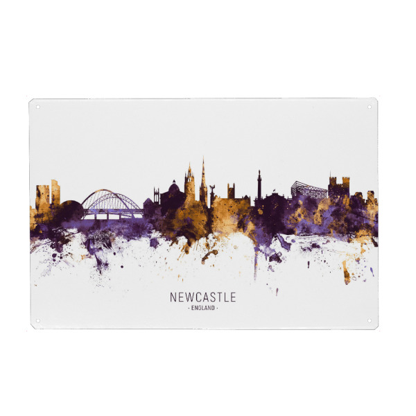 Metall Poster "Newcastle Skyline PurpleGold" artboxONE - Städte - Newcastle,England,Skyline,Cityscape,Stadtbild,Watercolor,City,Europe - Blechschild