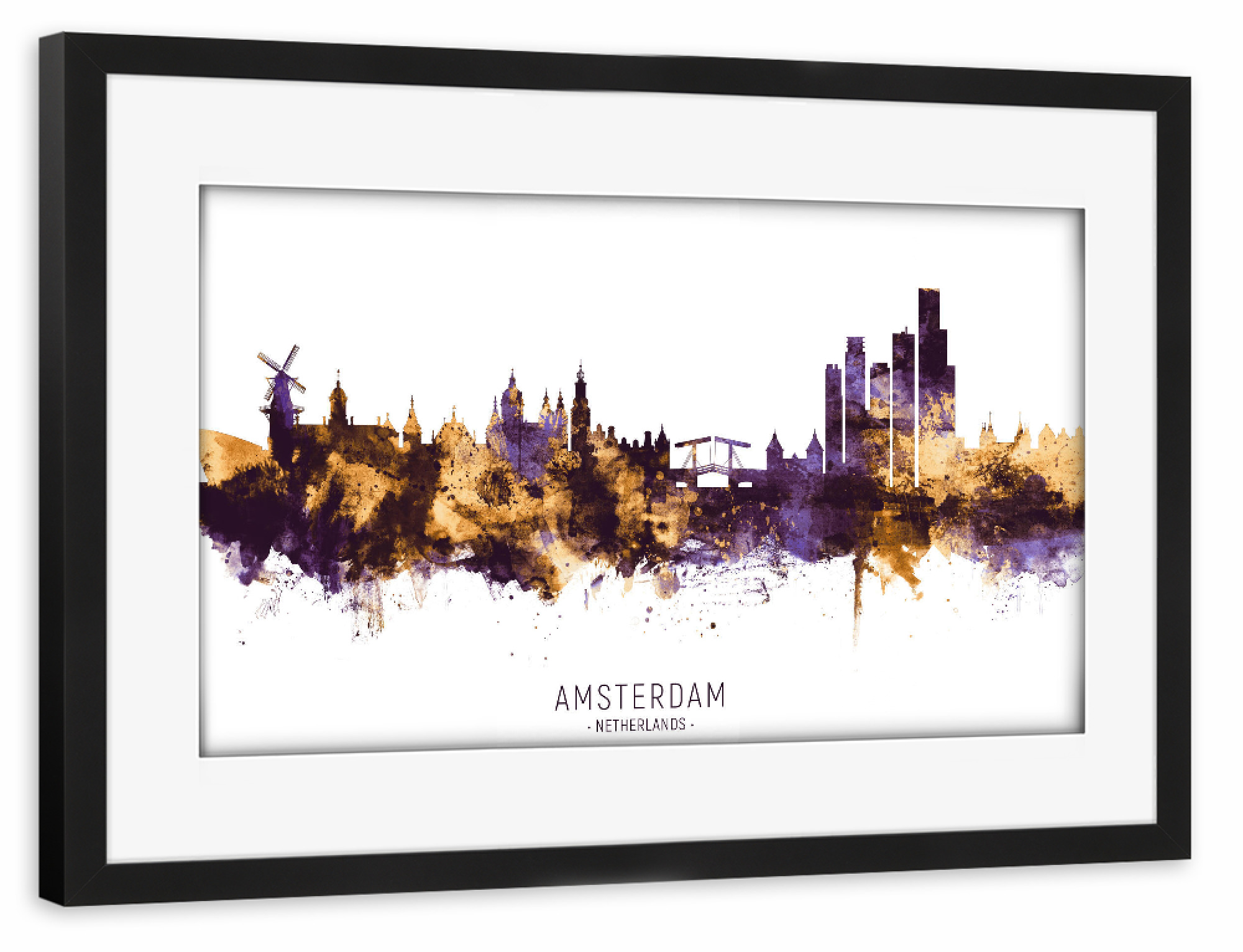 Poster mit Rahmen schwarz "Amsterdam Skyline PurpleGold" artboxONE - Städte,Städte / Amsterdam