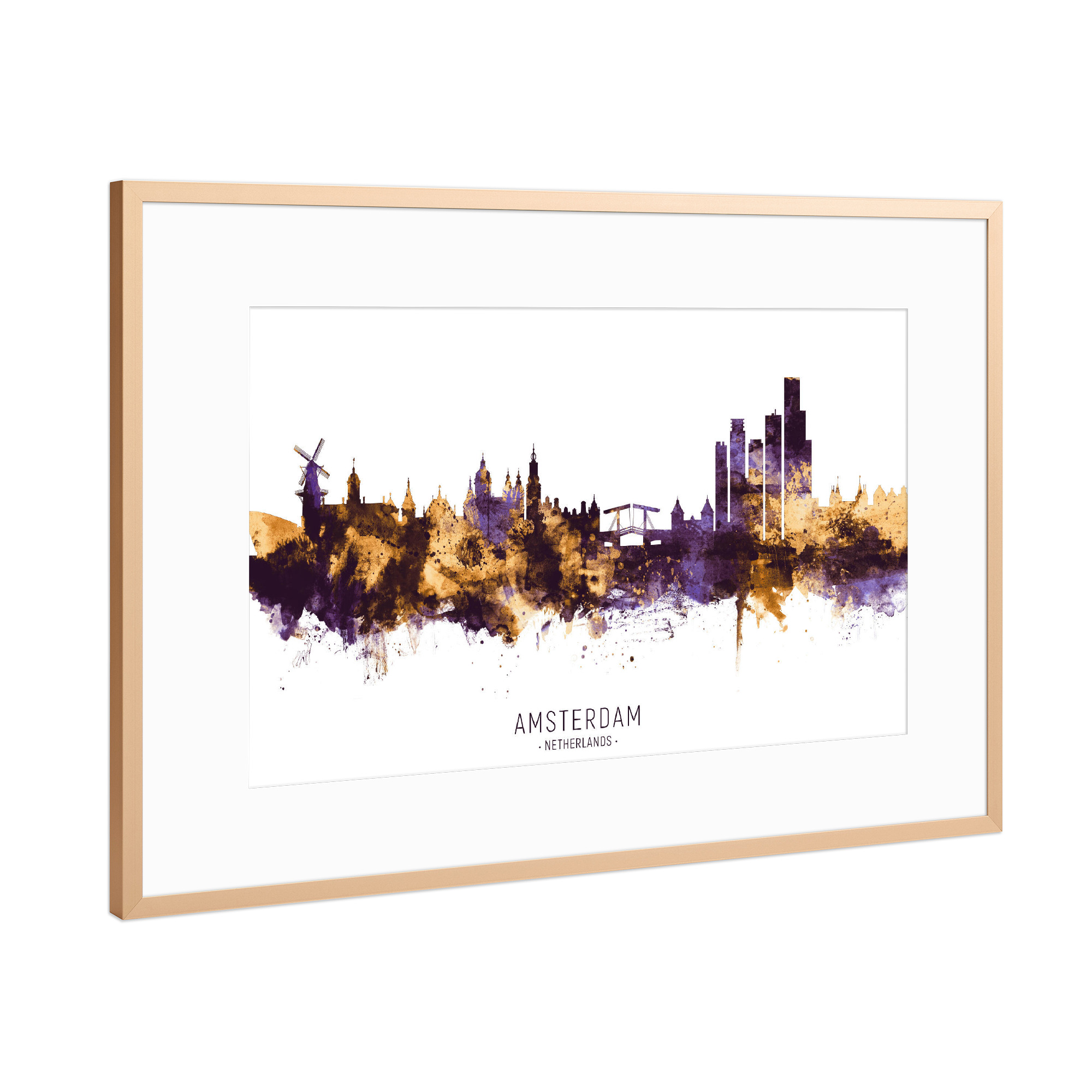 Poster mit Rahmen Kupfer "Amsterdam Skyline PurpleGold" artboxONE - Städte,Städte / Amsterdam