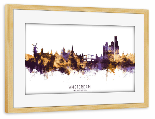 Poster mit Rahmen kiefer "Amsterdam Skyline PurpleGold" artboxONE - Städte,Städte / Amsterdam