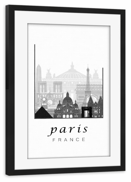 Poster mit Rahmen schwarz "Paris skyline black & white" artboxONE - Schwarzweiß,Architektur,Städte / Paris,Kartografie