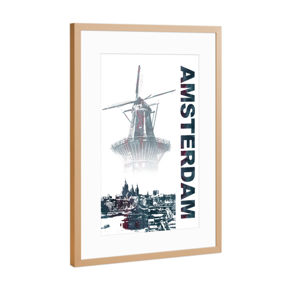 Poster mit Rahmen Kupfer "Amsterdam Skyline & Windmühle" artboxONE - Schwarzweiß,Architektur,Städte / Amsterdam