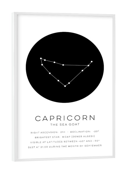 Poster mit weißem Rahmen "Capricorn Constellation Chart" artboxONE - Typografie,Natur,Schwarzweiß,Galaxy