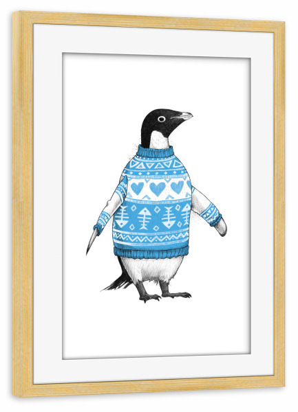 Poster mit Rahmen kiefer "Penguin in a sweater" artboxONE - Natur,Tiere,Schwarzweiß,Lustig