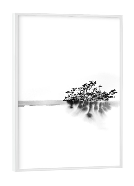 Poster mit weißem Rahmen "Lost island" artboxONE - Natur,Schwarzweiß - Island,Tree,Sea,Water,Sumie,Japanese,Zen,Landscape
