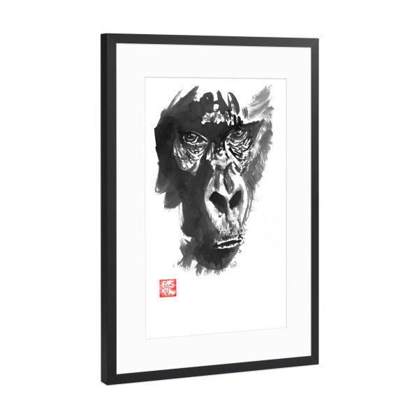 Poster mit Rahmen Schwarz (Metallic) "Gorilla face" artboxONE - Tiere,Schwarzweiß - Gorilla,Monkey,Sumie,Japan,Animal,Zen