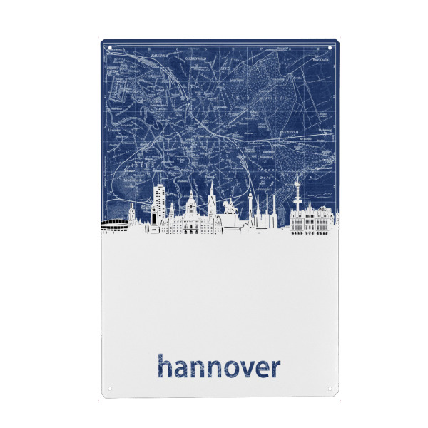 Holzbild "Hannover skyline map blue" artboxONE - Städte,Architektur,Kartografie