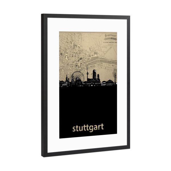 Poster mit Rahmen Schwarz (Metallic) "Stuttgart skyline map" artboxONE - Städte,Architektur,Städte / Stuttgart,Kartografie