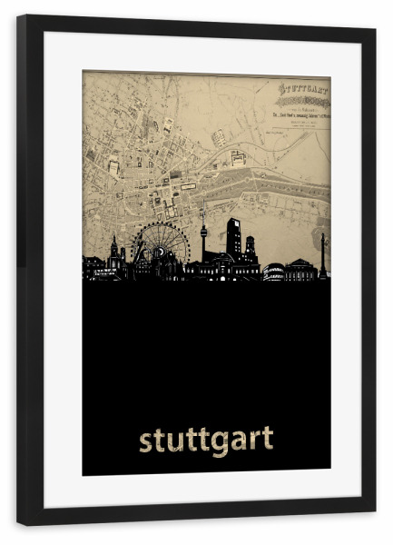 Poster mit Rahmen schwarz "Stuttgart skyline map" artboxONE - Städte,Architektur,Städte / Stuttgart,Kartografie