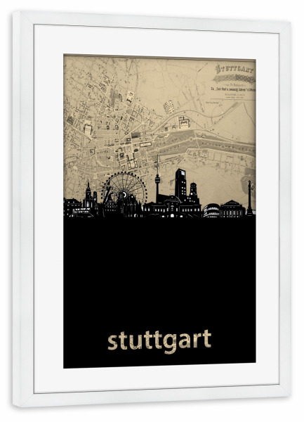 Poster mit Rahmen weiß "Stuttgart skyline map" artboxONE - Städte,Architektur,Städte / Stuttgart,Kartografie
