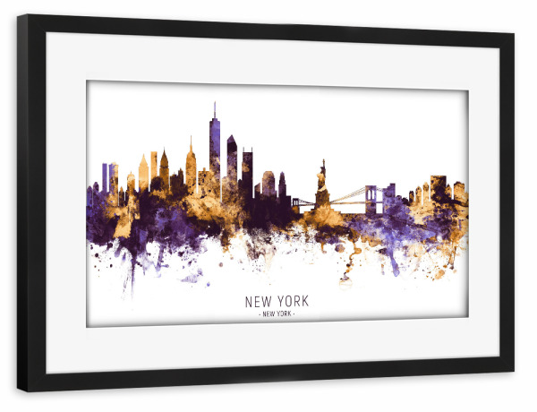 Poster mit Rahmen schwarz "New York Skyline PurpleGold" artboxONE - Städte / New York - New york,Skyline,Cityscape,Stadtbild,Watercolor,City,Usa