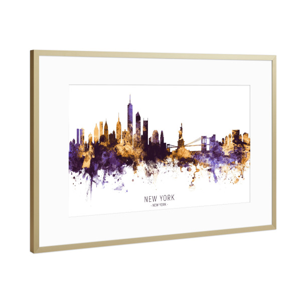 Poster mit Rahmen Gold "New York Skyline PurpleGold" artboxONE - Städte / New York - New york,Skyline,Cityscape,Stadtbild,Watercolor,City,Usa