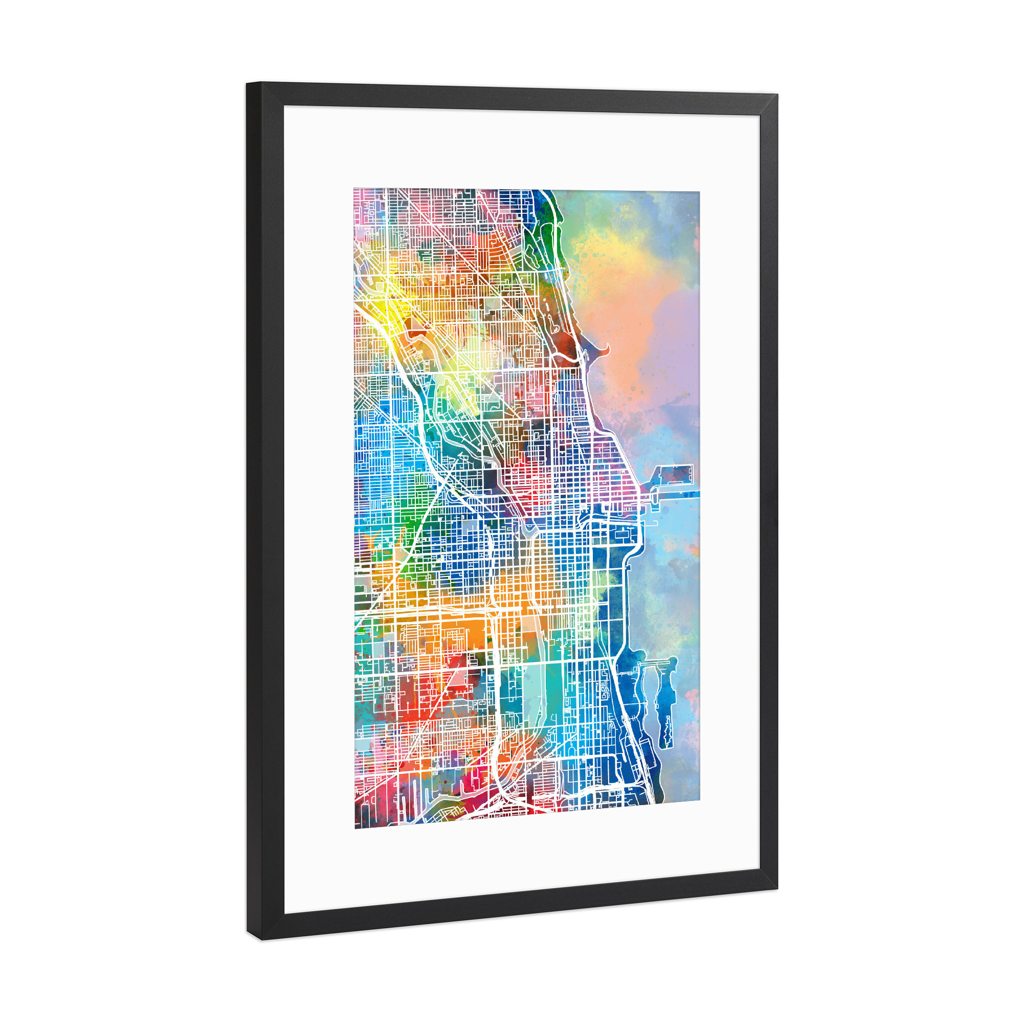 Poster mit Rahmen Schwarz (Metallic) "Chicago map watercolor" artboxONE - Städte,Reise,Städte / Chicago,Kartografie