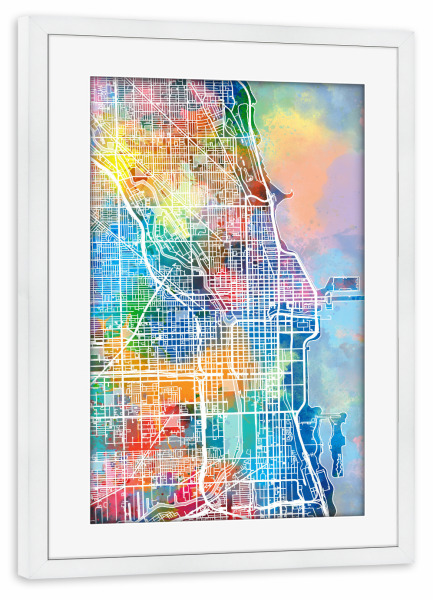 Poster mit Rahmen weiß "Chicago map watercolor" artboxONE - Städte,Reise,Städte / Chicago,Kartografie