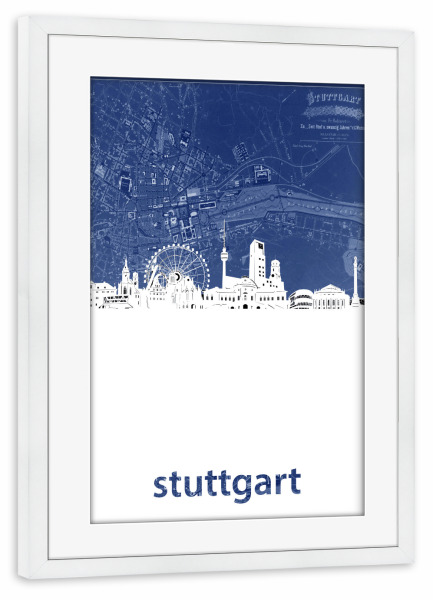 Poster mit Rahmen weiß "Stuttgart skyline map blue" artboxONE - Städte,Reise,Architektur,Städte / Stuttgart,Kartografie