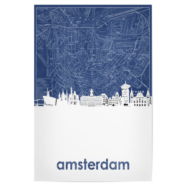 Poster 30x20 cm "Amsterdam skyline map blue" artboxONE - Städte,Architektur,Städte / Amsterdam,Kartografie