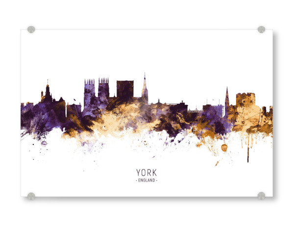 Acrylglasbild "York England Skyline PurpleGold" artboxONE - Städte,Reise / Länder - York,England,Skyline,Cityscape,Stadtbild,Watercolor,City,Europe
