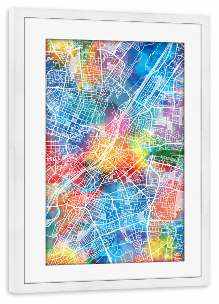 Poster mit Rahmen weiß "Munich map watercolor" artboxONE - Städte,Städte / München,Reise,Abstrakt,Kartografie