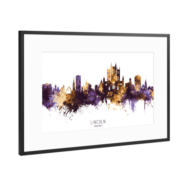 Poster mit Rahmen Schwarz (Metallic) "Lincoln England Skyline PurpleGold" artboxONE - Städte