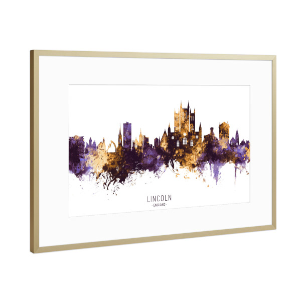Poster mit Rahmen Gold "Lincoln England Skyline PurpleGold" artboxONE - Städte - Lincoln,England,Skyline,Cityscape,Stadtbild,Watercolor,Europe,City