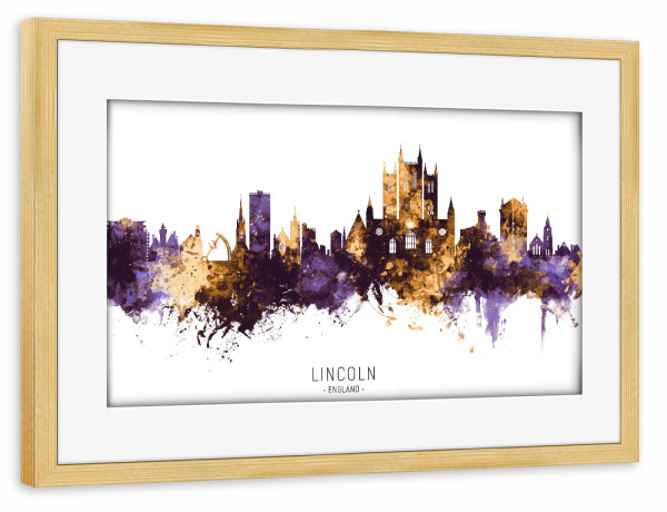 Poster mit Rahmen kiefer "Lincoln England Skyline PurpleGold" artboxONE - Städte - Lincoln,England,Skyline,Cityscape,Stadtbild,Watercolor,Europe,City