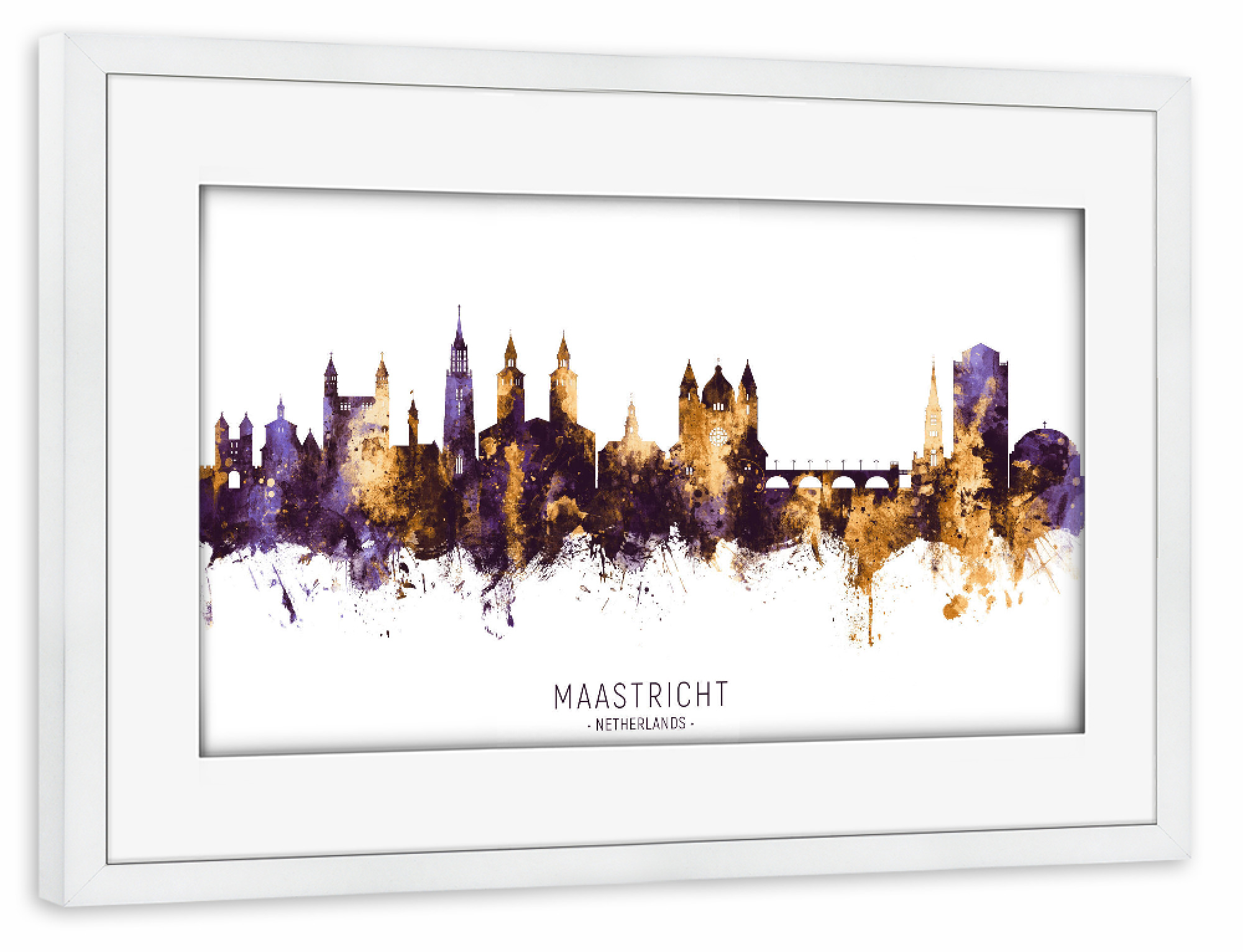 Poster mit Rahmen weiß "Maastricht Skyline PurpleGold" artboxONE - Städte - Maastricht,Netherlands,Skyline,Cityscape,Stadtbild,Watercolor,Europe,City