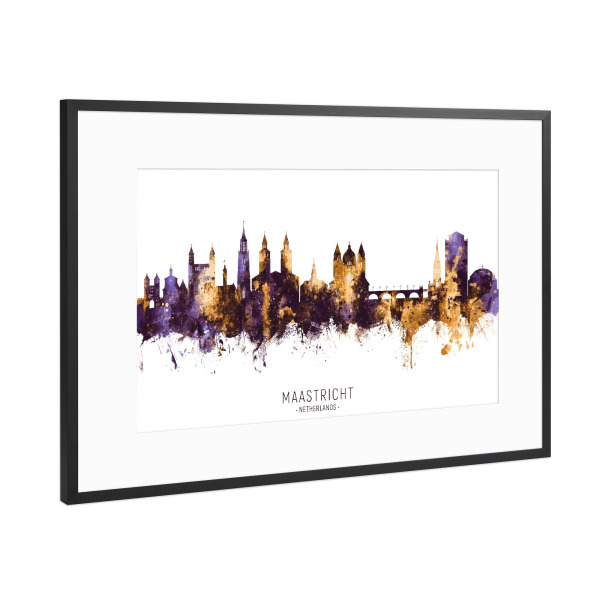 Poster mit Rahmen Schwarz (Metallic) "Maastricht Skyline PurpleGold" artboxONE - Städte