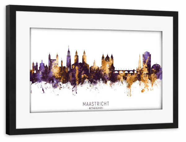 Poster mit Rahmen schwarz "Maastricht Skyline PurpleGold" artboxONE - Städte