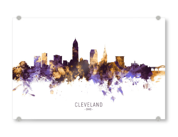 Acrylglasbild "Cleveland Ohio Skyline PurpleGold" artboxONE - Städte - Cleveland,Ohio,Skyline,Cityscape,Stadtbild,Watercolor,City,Usa