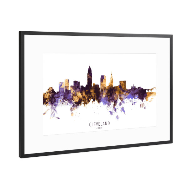 Poster mit Rahmen Schwarz (Metallic) "Cleveland Ohio Skyline PurpleGold" artboxONE - Städte